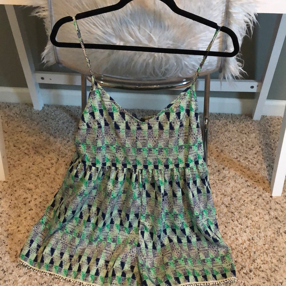 Blue and green triangle print romper
